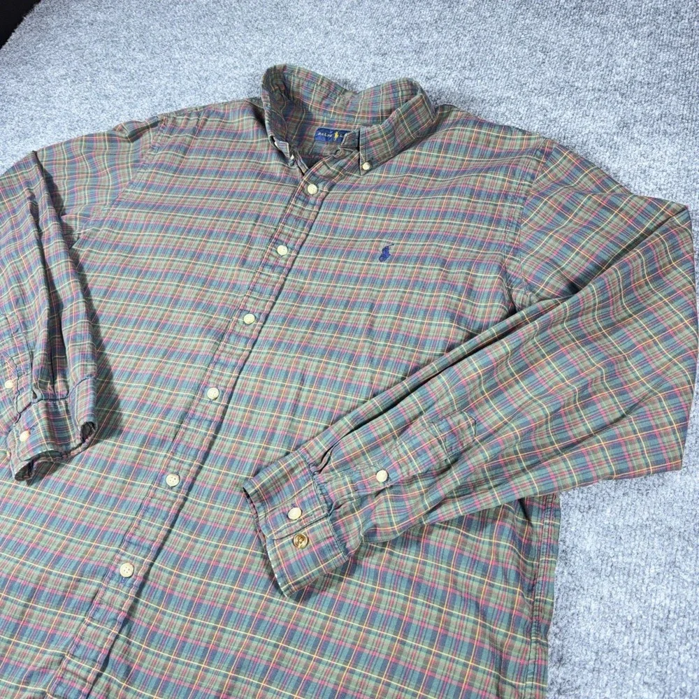 Polo Ralph Lauren Mens Green Plaid Button Down Shirt Cotton Long Sleeve XL